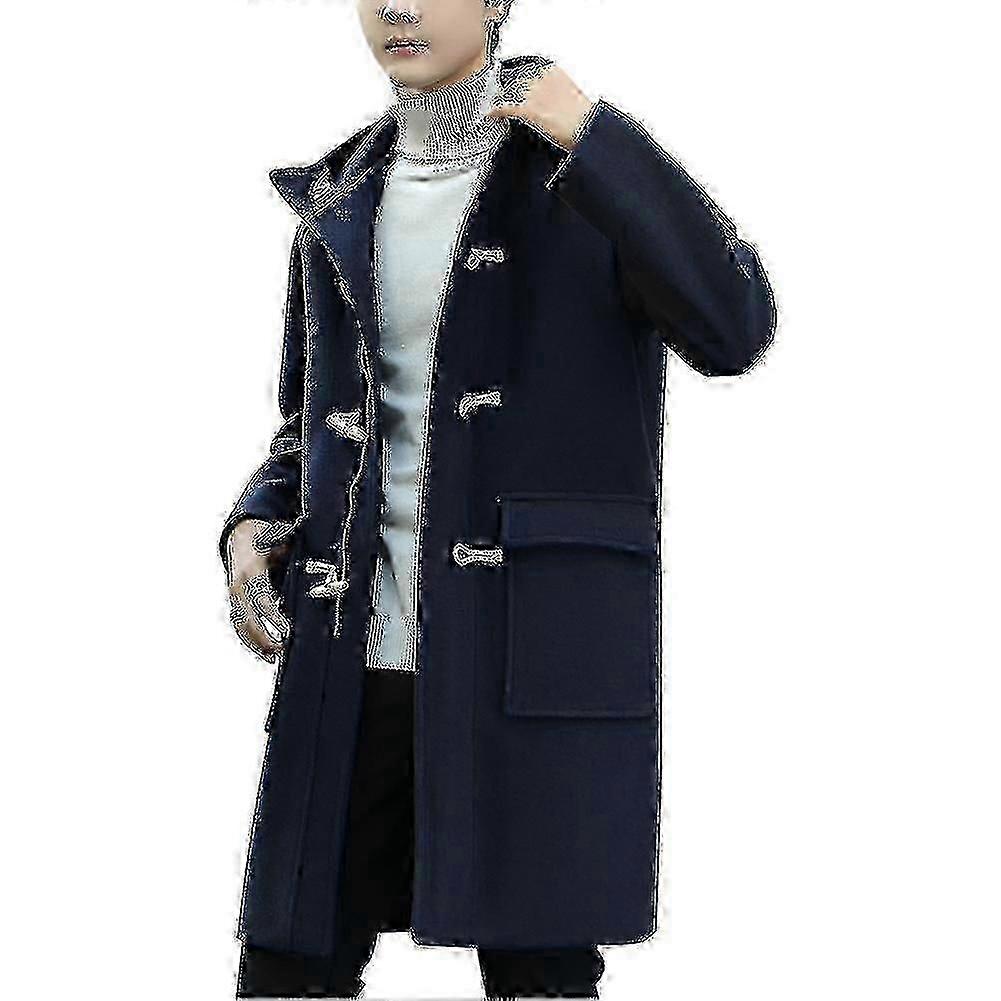 Mens Thick Solid Color Horn Button Woolen Hooded Overcoat