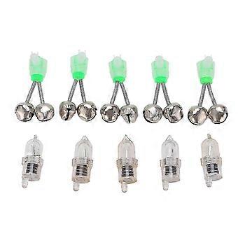 5 Twin Spiral Bell Bite Alarms with 5 LED Light Night Fishing Rod Clamp Tip Clip Bell Ring-Good, new