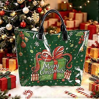 Merry Christmas Tote Bag, Green background gift box and Merry Christmas text print, PVC and Polyester Reusable Shopping Carryall, 44 x 31 x 12.5 cm
