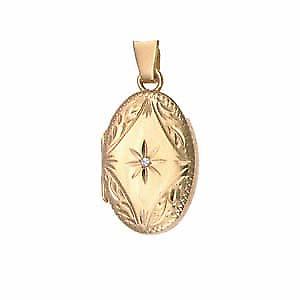 9ct Gold 22x15mm diamond set hand engraved oval Locket