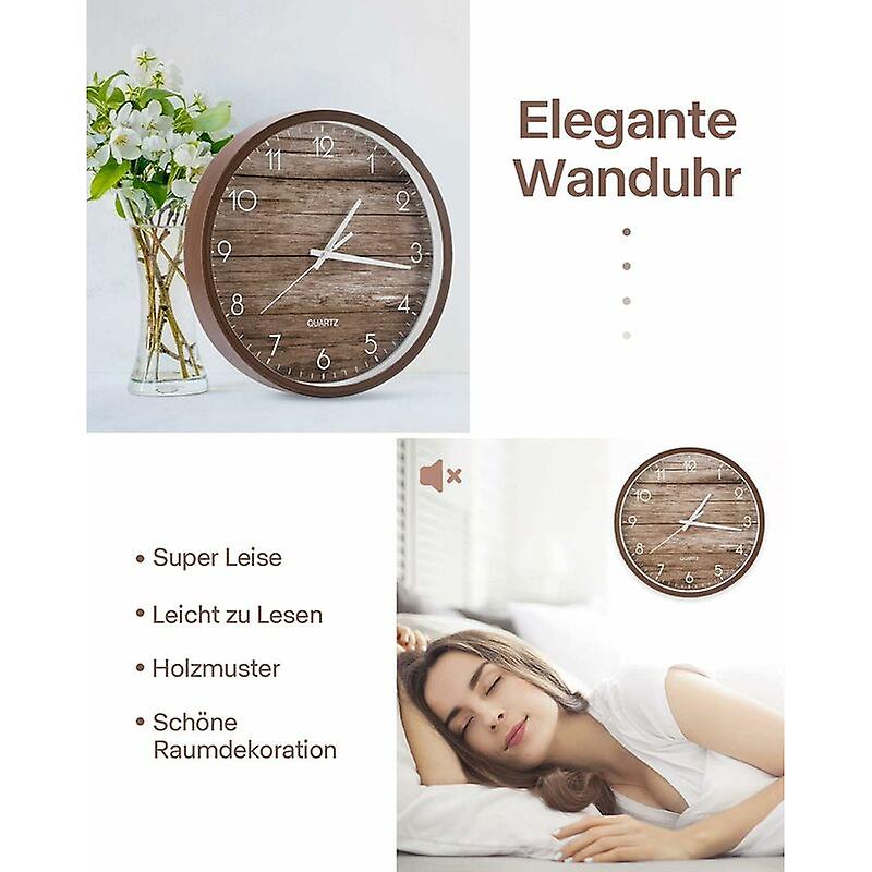 Vintage Wood Color Wall Clock, Silent Battery Operated Quartz Clock
