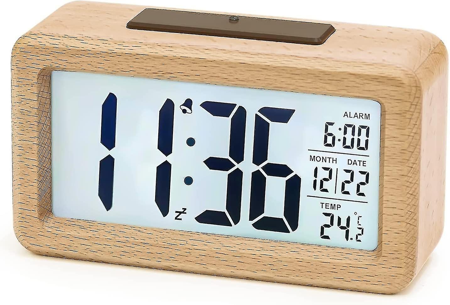 Digital Alarm Clock, Wooden Bedside Clock With Large Lcd Backlight Display, Temperature, Snooze Func