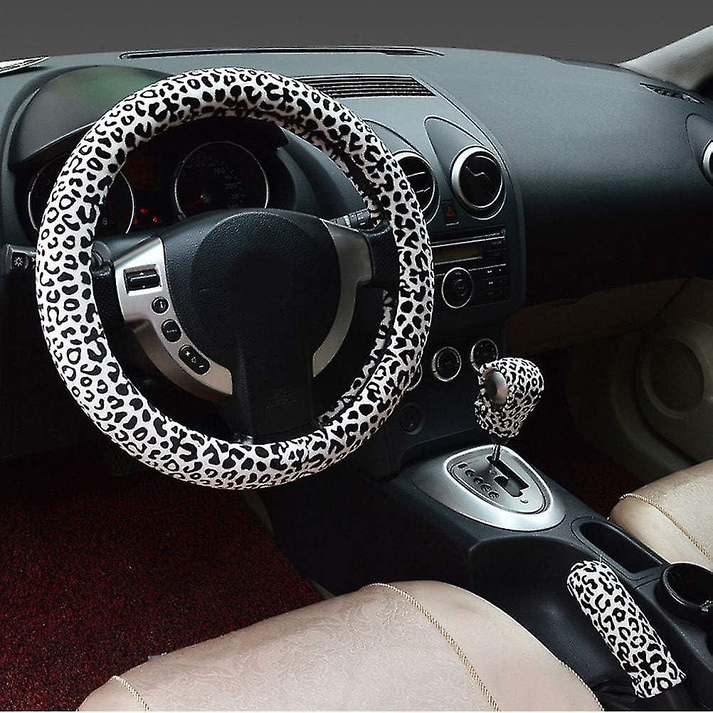 3 in 1 Soft Leopard Car Handbrake Cover Rocker Handle Covers 38cm Short Plush Winter Warm for All Ca