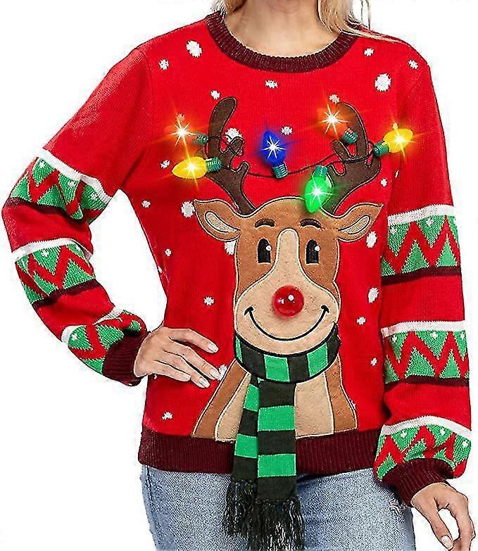 Womens LED Light Up Reindeer Ugly Christmas Sweater Built-in Light Bulbs-M