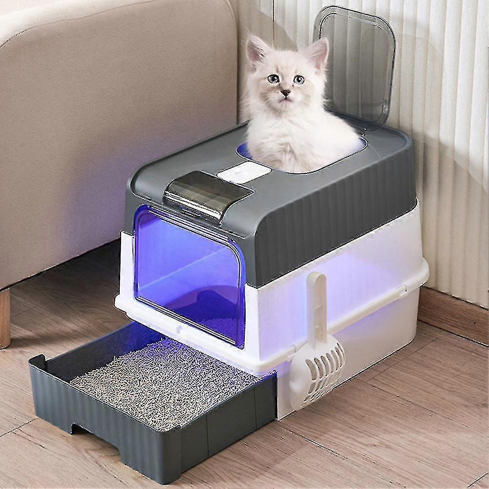 2024 Fully Enclosed Cat Litter Box with UV Sterilization,Grey