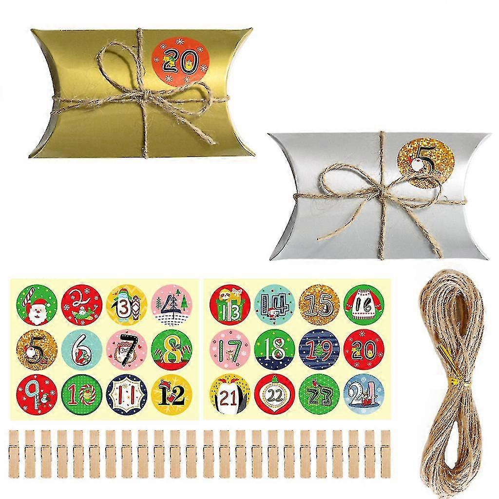 24 σύνολα χριστουγεννιάτικα κουτιά μαξιλαριών καραμελών ημερολόγιο έλευσης με τον αριθμό πέτο ξύλινα κλιπ σχοινί κάνναβης Diy Χριστούγεννα αντίστροφη μέτρηση θεραπεία τσάντα συσκευασία κουτί διακόσμηση