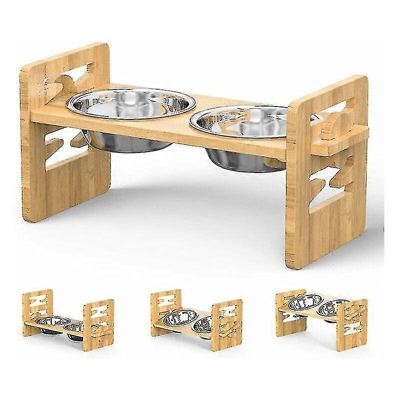Large Dog Bowl Stand, Height Adjustable Wooden Raised Stand With 2 Bowls