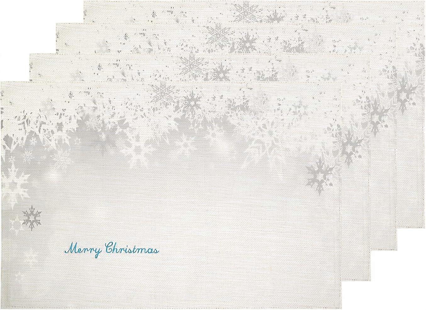 Christmas Silver Background Placemats, Snowflakes and Blue Merry Table Mat Linen Burlap Washable Double-Deck Heat Insulation for Dining Table Kitchen
