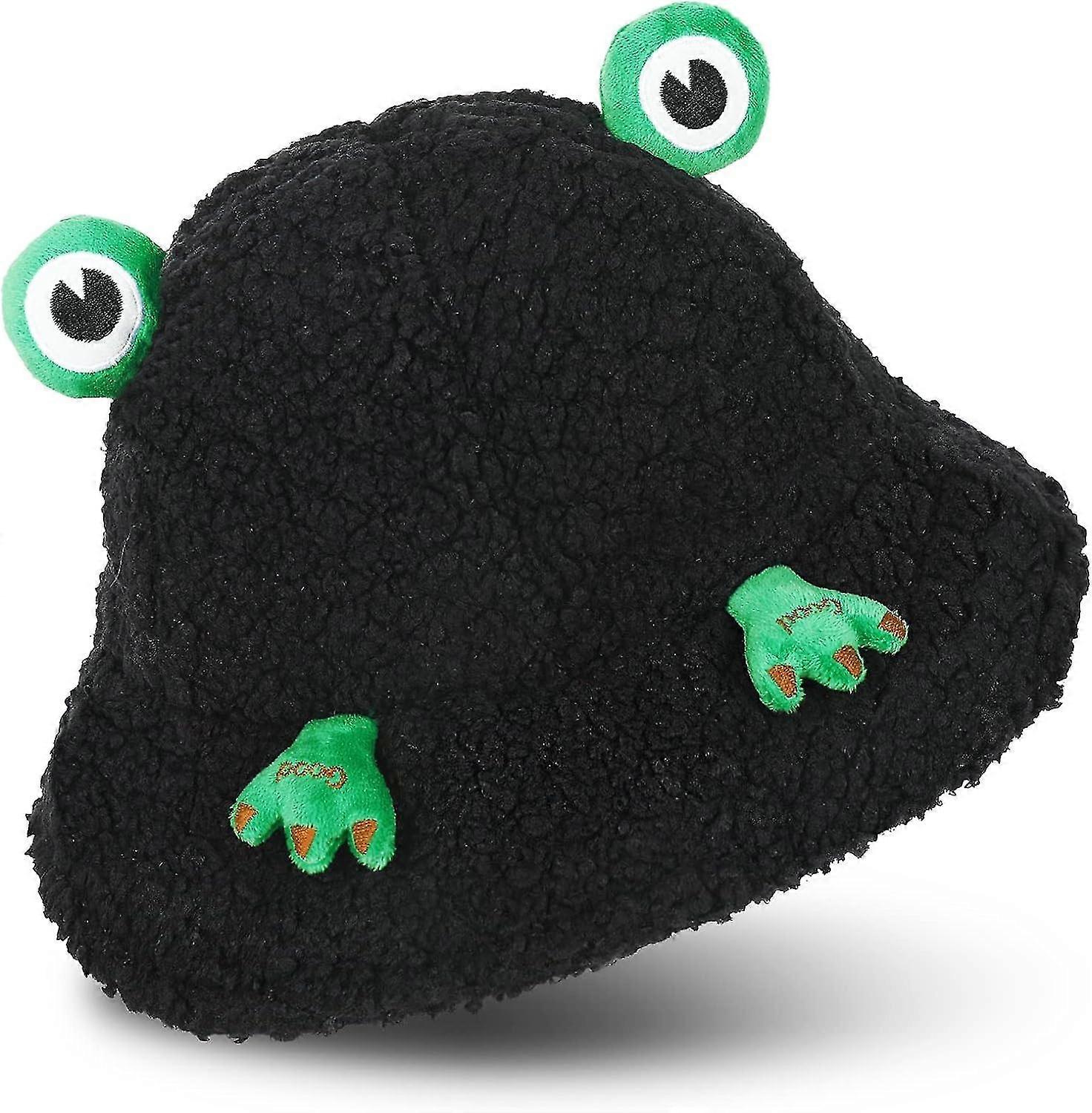 Plush Frog Hat - Cute Black Bucket Hat With Frog Eyes