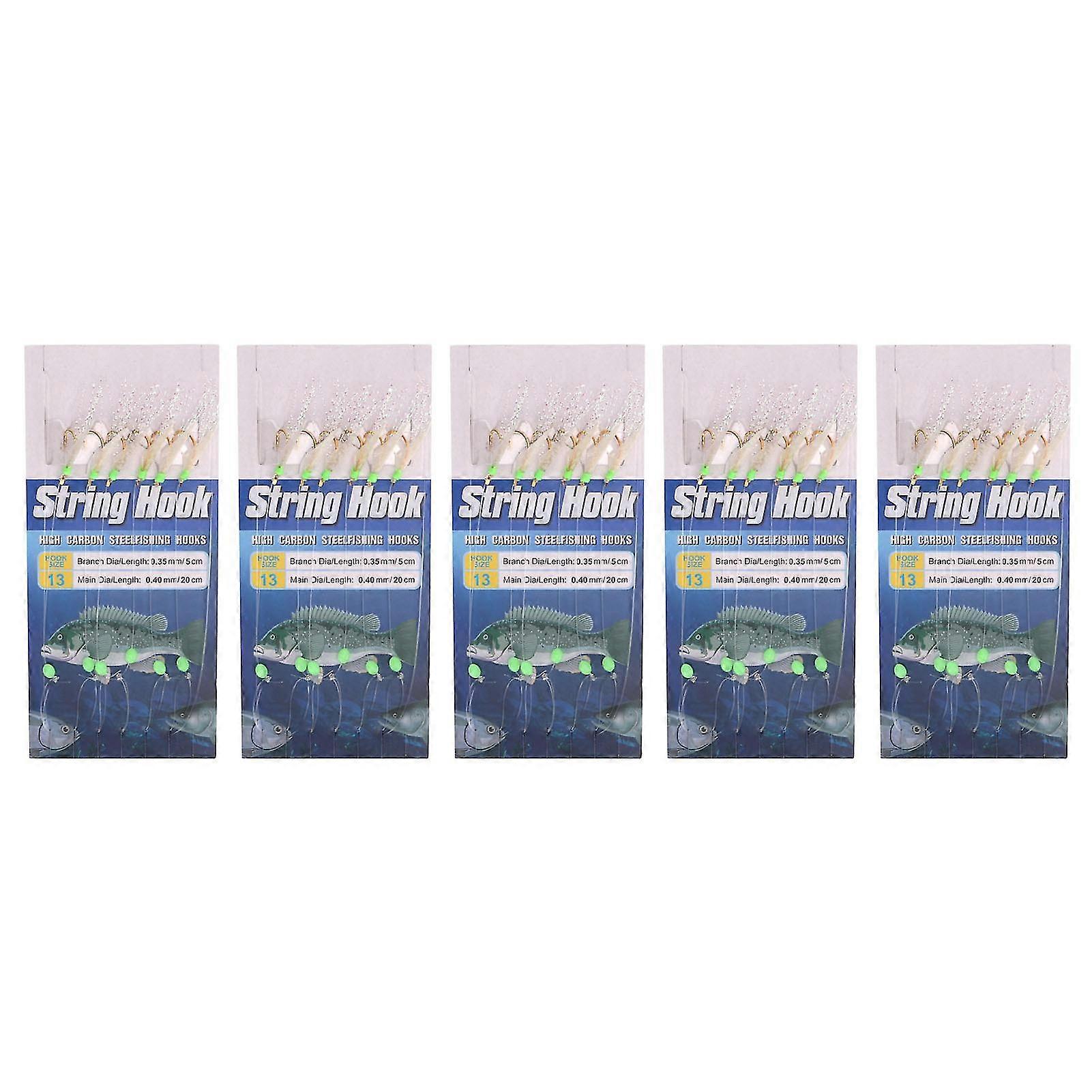 Luminous Fishing Lure Bait Rigs with 6 Carbon Steel Hooks - 5 Sets, Size 13
