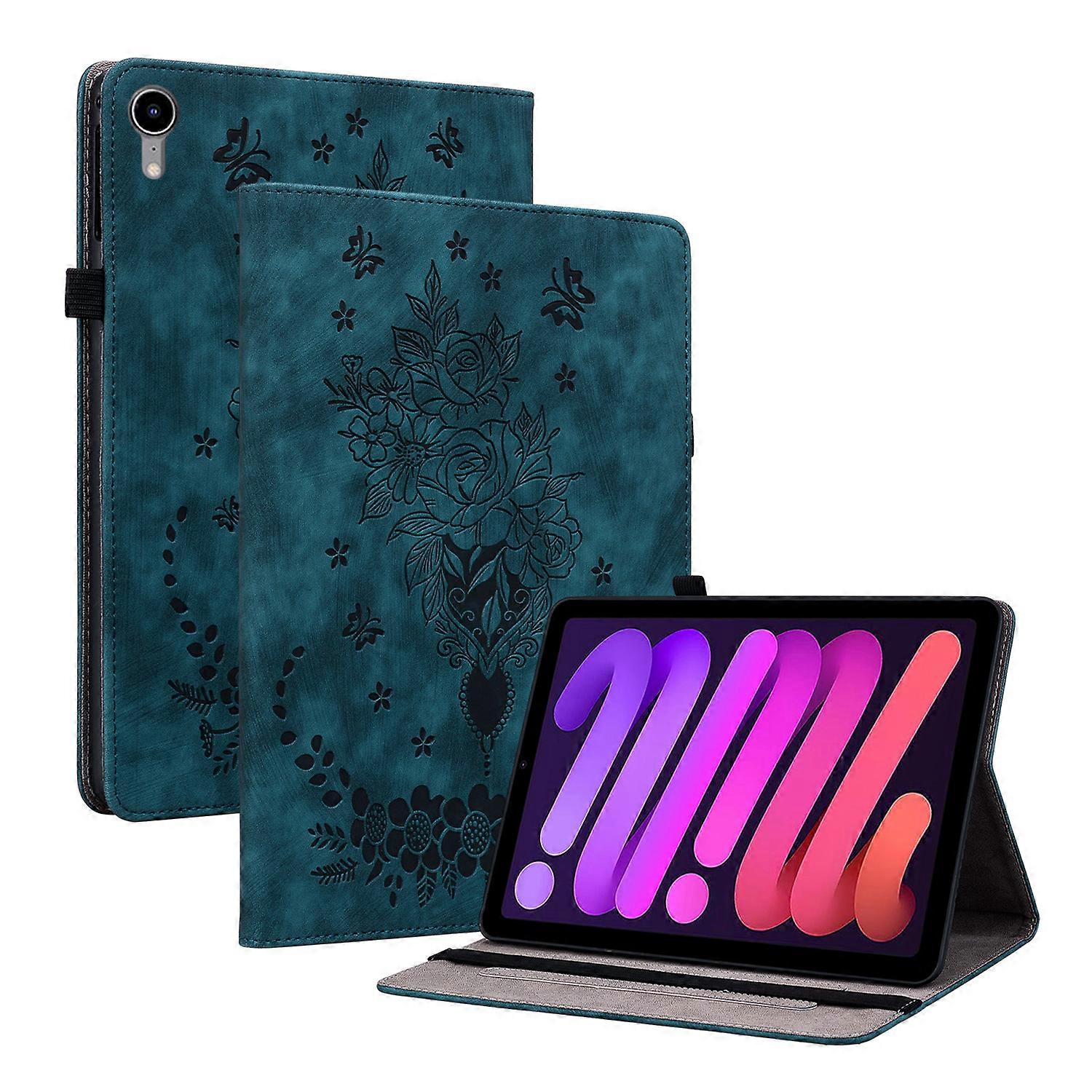 TKdaddy لجهاز iPad mini (2024) ميني (2021) حامل بطاقات جلد PU شل Butterfly Rose طبع حامل تابلت أزرق