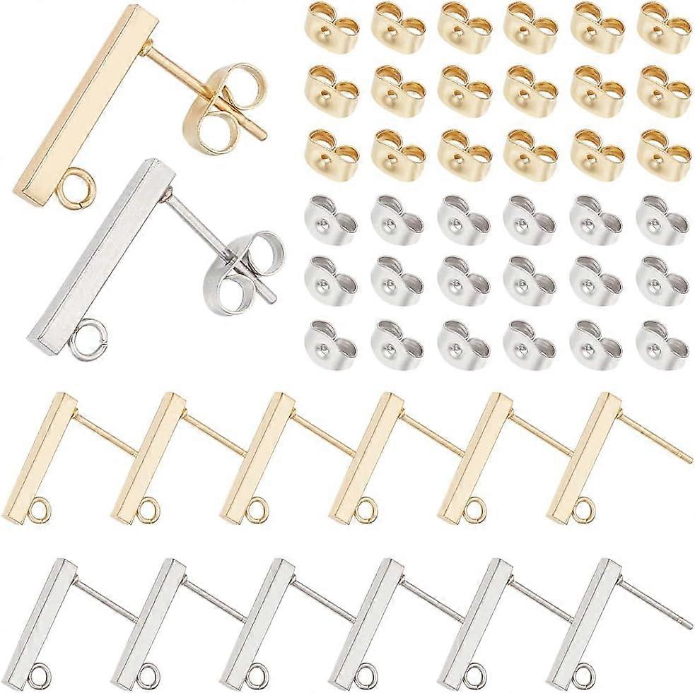 1 Box 80Pcs Real 18K Gold Plated Earring Findings 304 Stainless Steel Earring Post with Loop Bar Earring Posts Rectangle Earring Studs for Jewelry Mak