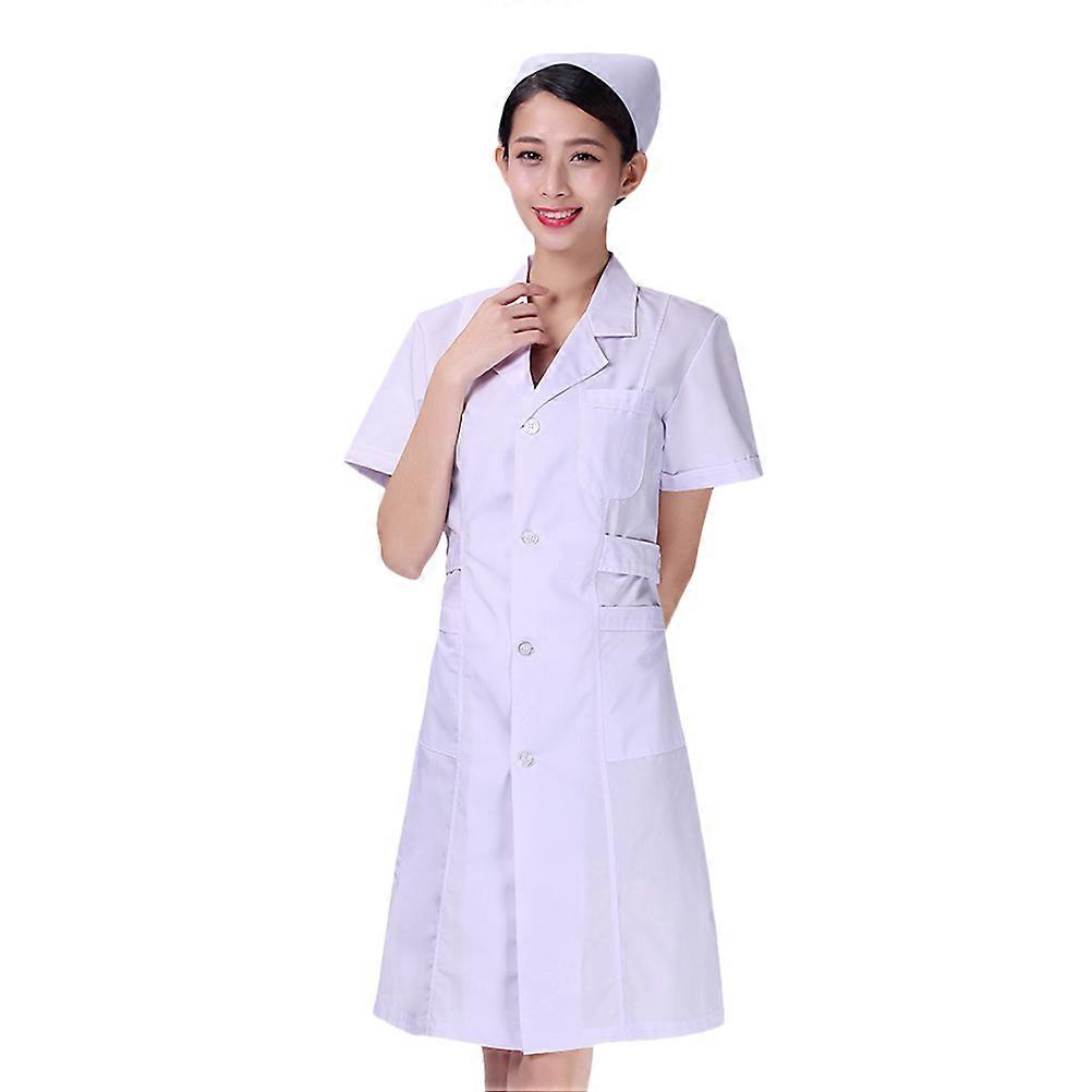 白色短袖制服美容师护理白色外套棉质医院服装V领劳动服时尚服装药房外套无帽