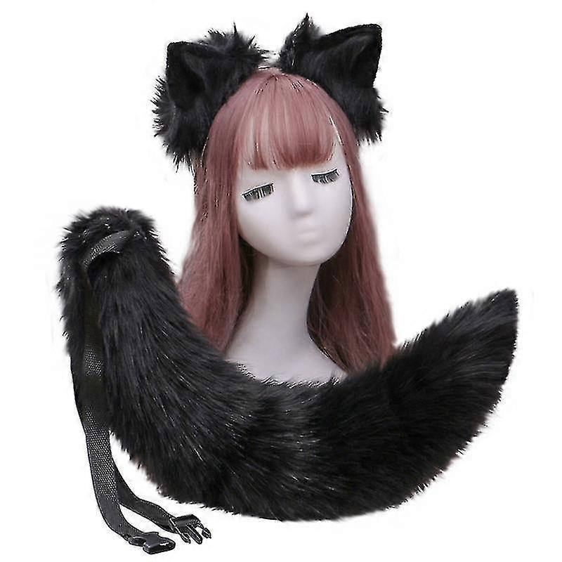 Simulation Plush Cat Ears Headband With Solid Color Furry Animal Long Tail Set