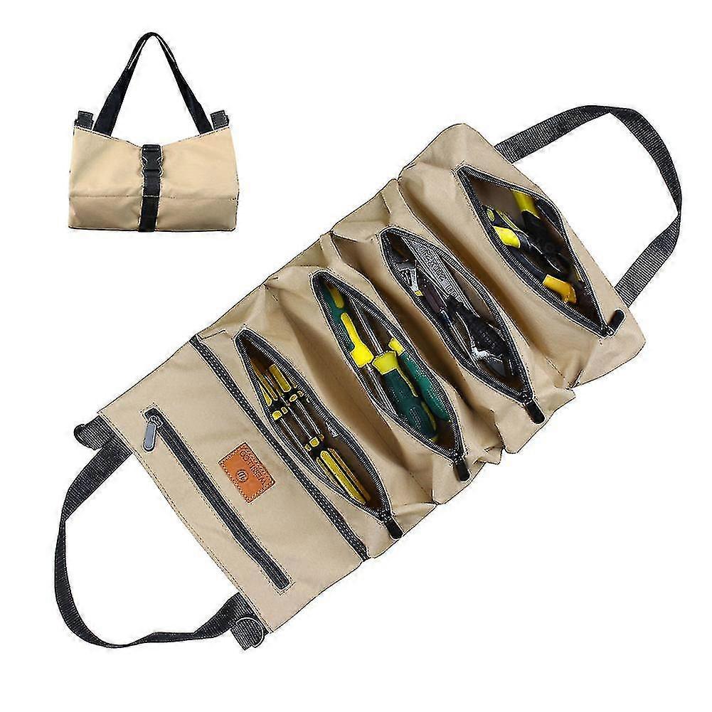 Canvas Roll-up Tool Bag, Multi-purpose Tool Roll Pouch Tool Organizer With 5 Zipper Pockets Carrier Bag For Car Motorcycle Storaging Wrenches, S