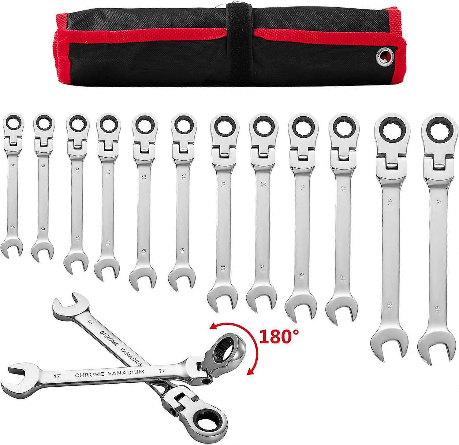 Ratcheting Combination Wrench Set, 12 Piece 8-19mm Metric Flex Head Ratcheting Wrench, Chrome Vanadium Steel Ratcheting Spanner Wrench with Carrying B