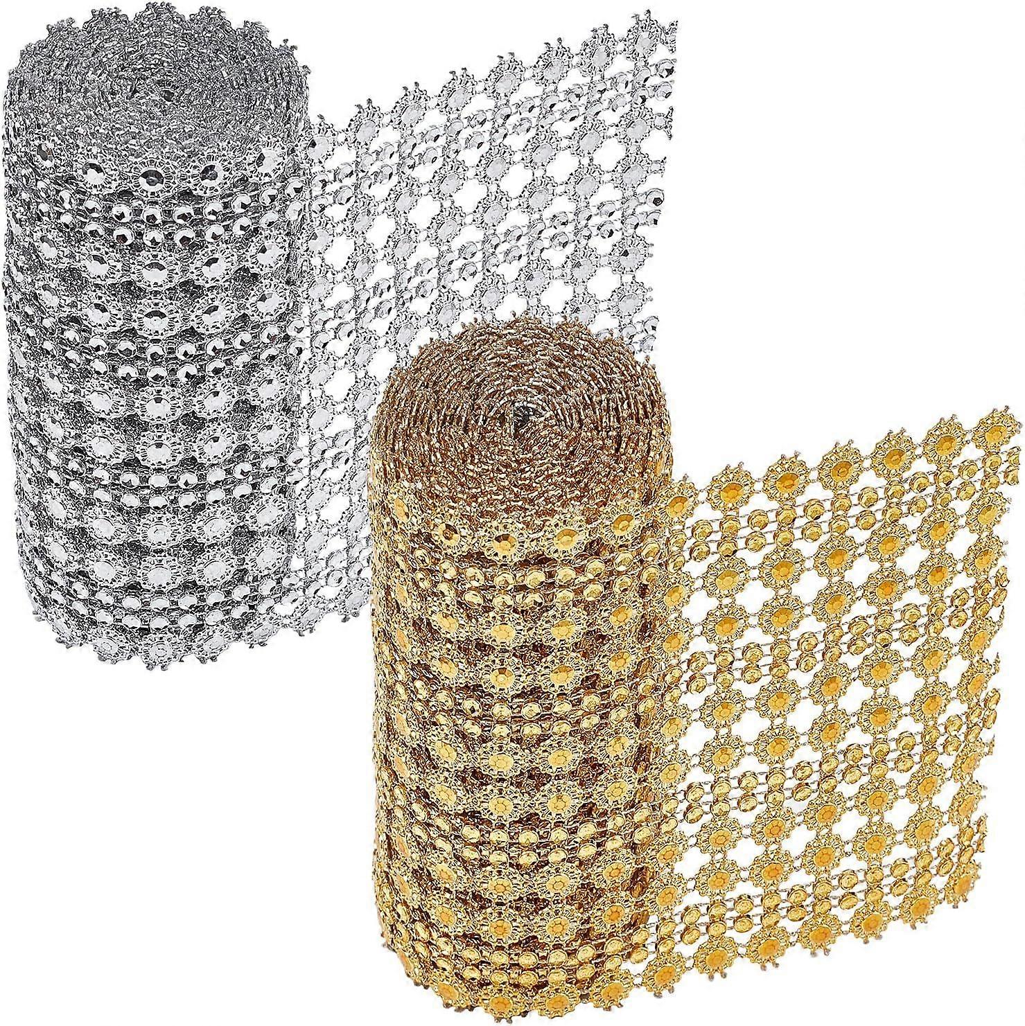 2Strands 2Colors Resin Mesh Rhinestone Trimming Sparkling Flower Shape Diamond Mesh Wrap Roll Faux Crystal Rhinestone Mesh Ribbon for Wedding Birthday
