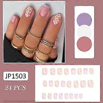 24pcs paarse rand valse nagels witte bloem Franse nepnagels