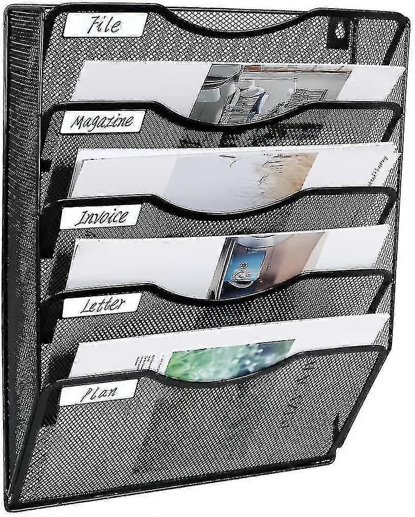5 Zakken Mesh Wall File Holder Office Hanging File Folder Magazine Rack Mail Sorter Bin | Inclusief label, zwart