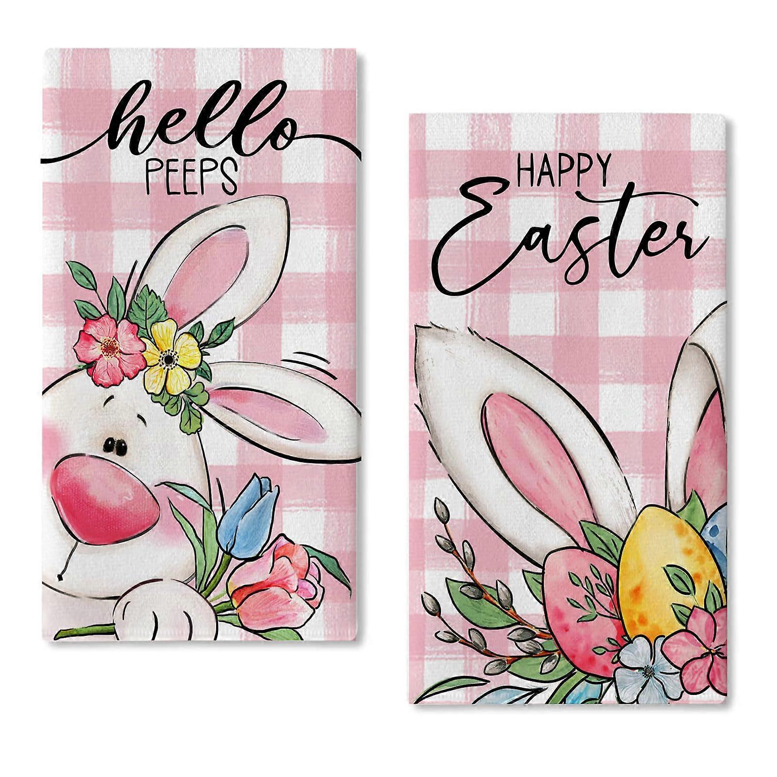 Easter Bunny Kitchen Towels Set of 2, 18x26 Inch Cotton Dish Towels for Spring Decor, Absorbent and Durable