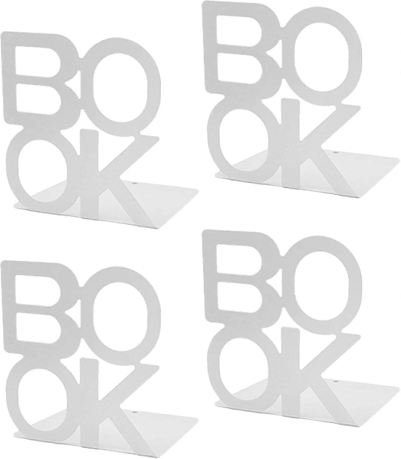 Bookends, 4 Metal Bookends, Hollow-Out Bookends, Suitable for Learning to Read, Children's School Library and Home Office Storage (Pattern: Book) Whi