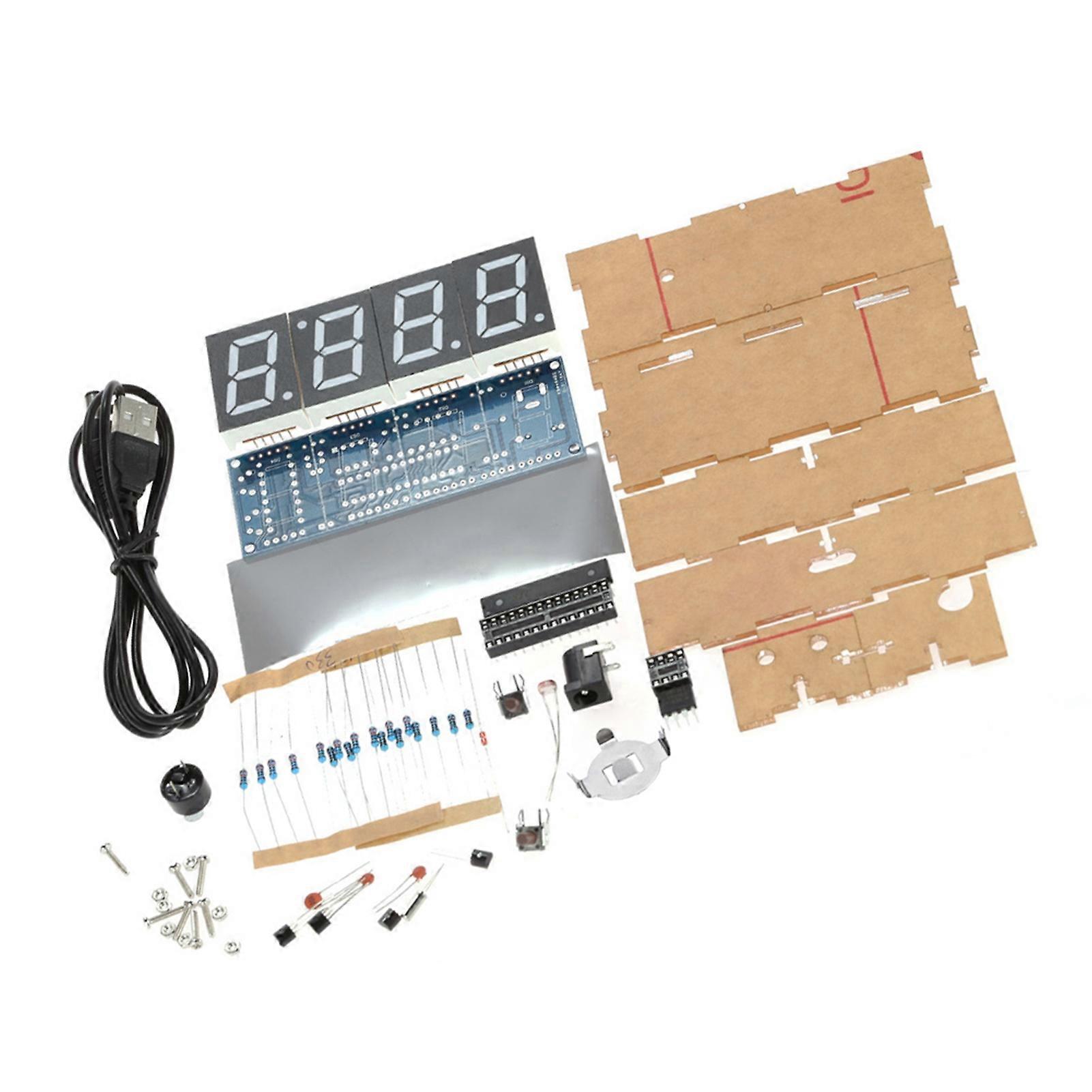 Compact 4-digit DIY Digital LED Clock Kit Light Control Temperature Date Time Display with Transparent Case