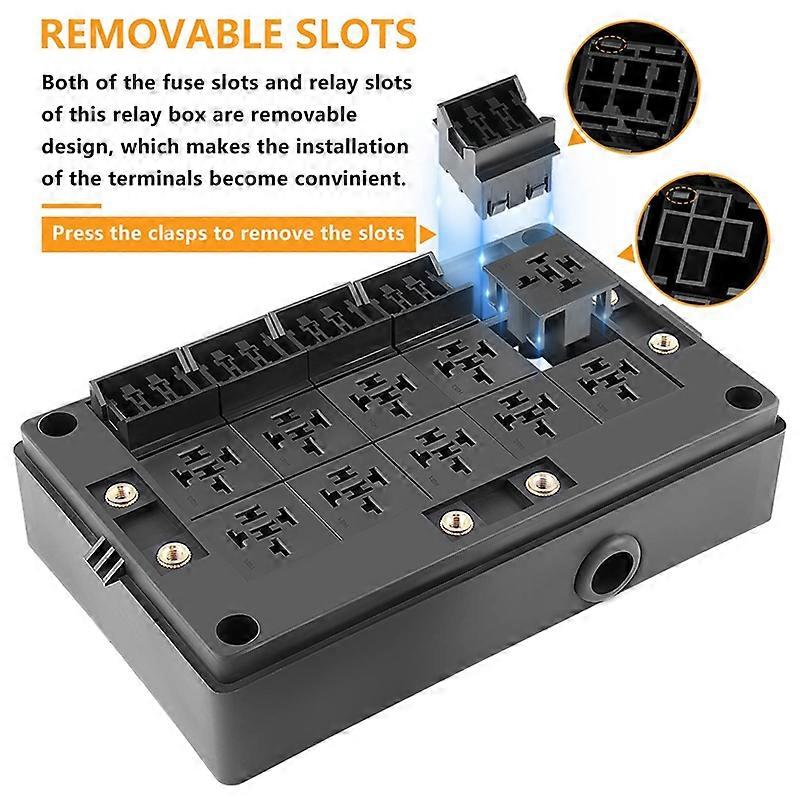 12V Fuse Relay Box Block for Car, Truck - 10 Slot Style Relay Holder