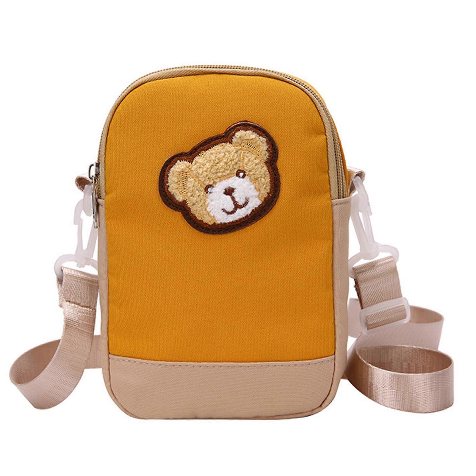 愛らしい漫画ナイロンベア刺繍ショルダークロスボディバッグ女性用スクール電話バッグジッパー開口部付きイエロー