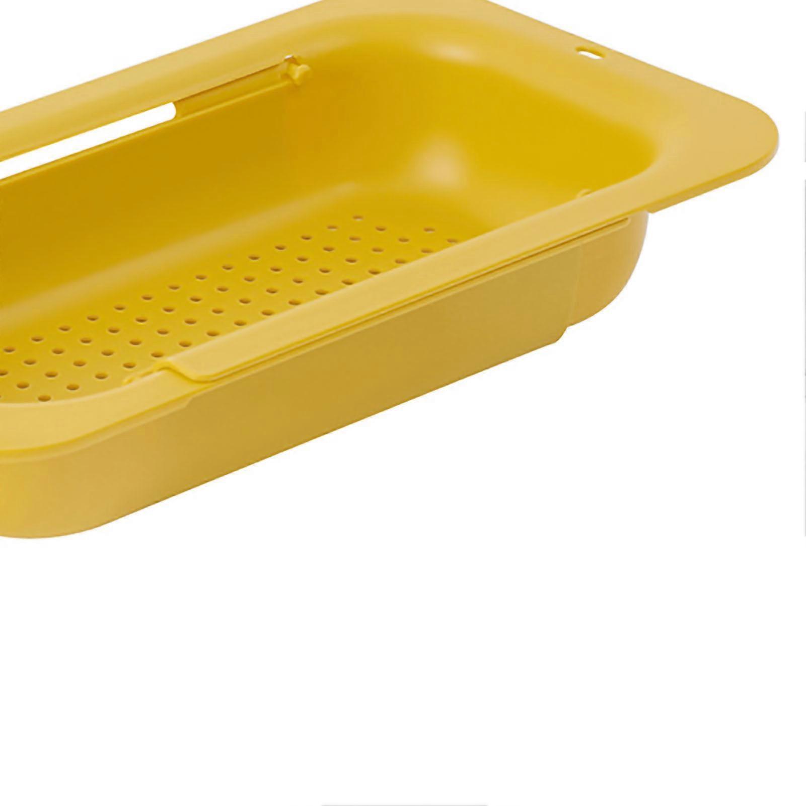 Retractable Sink Basket Rectangular Multifunctional Thicken Durable PP Drain Basket for Vegetable Fruit Yellow 