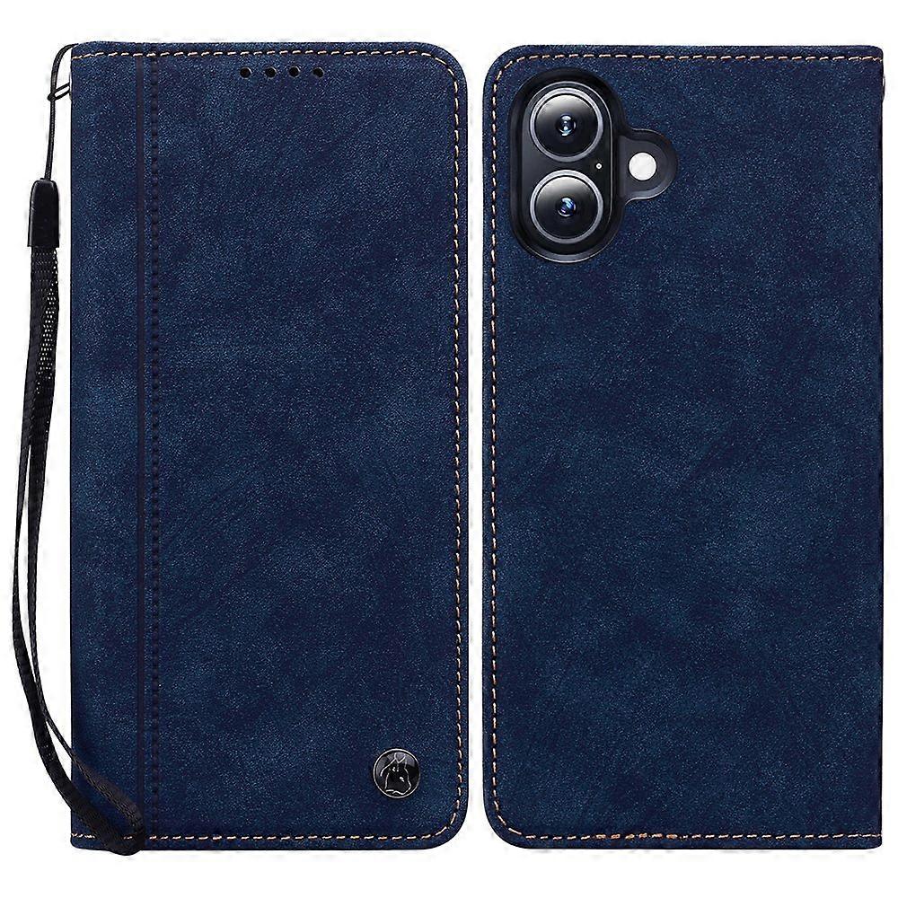 For iPhone 16 Case Lines Pattern Wallet Leather Phone Cover with Strap - Blue