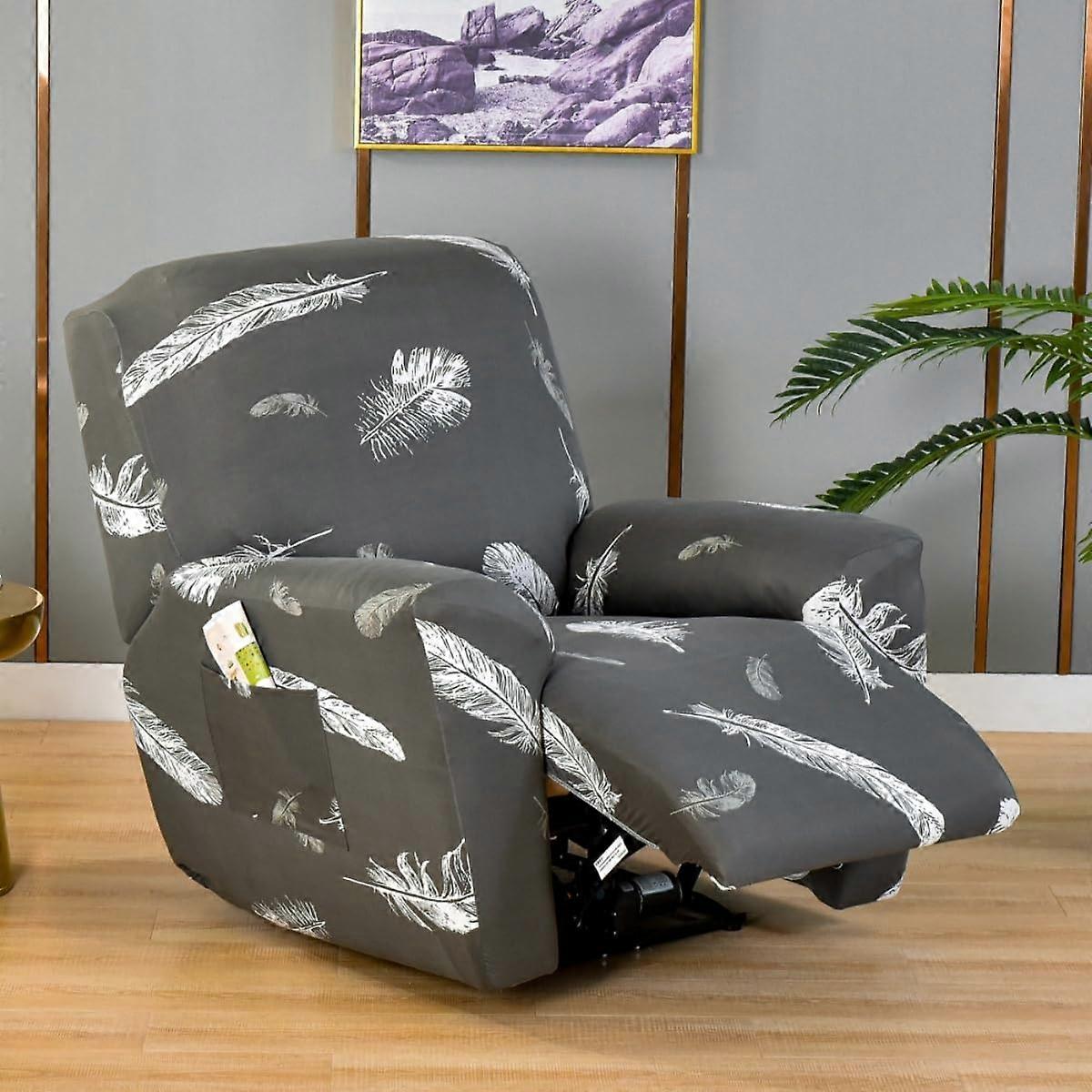 Recliner Cover Floral Printed With Pockets 4-Piece Slipcover Elastic Bottom For Lazy Boy Recliners 1 Seat