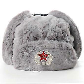 Russischer Trapperhut mit sowjetischen Insignien Kunstpelz Ushanka Kosakenhut One Size grau