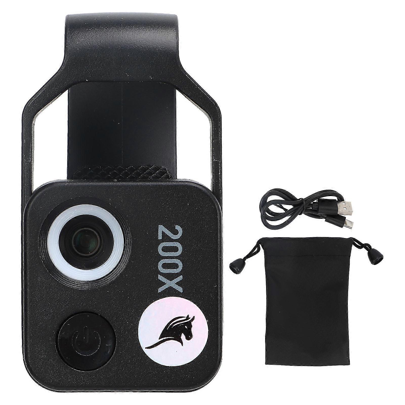 Phone Microscope HD 200x 2 Level Brightness Adjustment Portable Pocket Microscope with Fill Light for Observation Learning Black