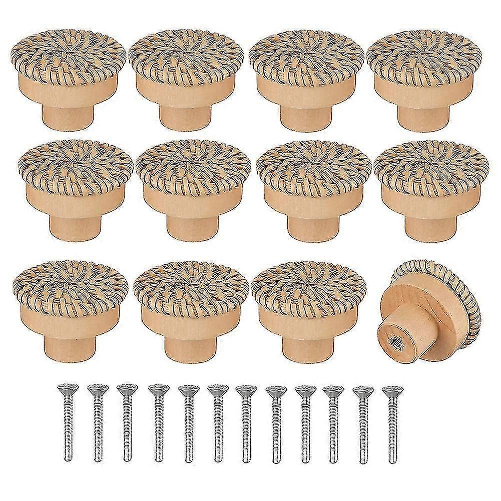 Boho Rattan Dresser Knobs Round Wooden Drawer Knobs Handmade Wicker Woven And Screws For Boho Furni