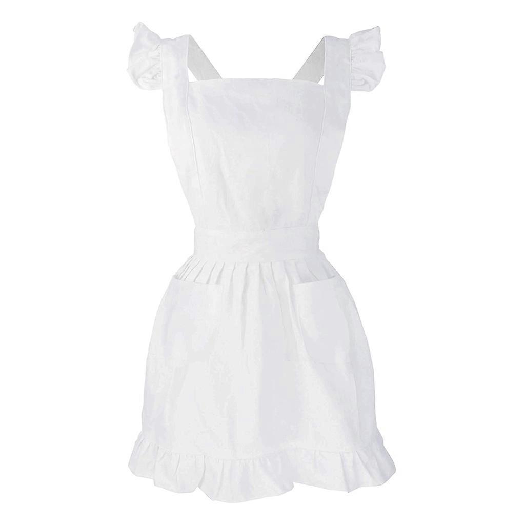 Ruffles Outline Retro White Apron with Pockets Adjustable Victorian Maid Bib