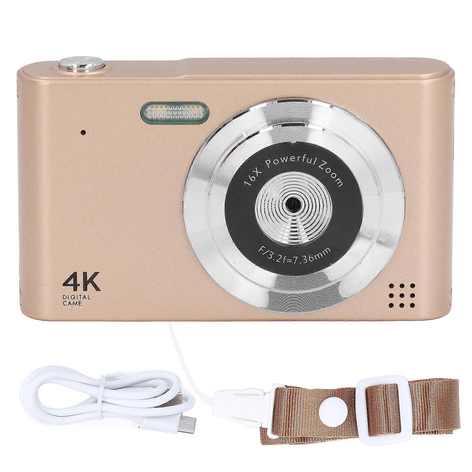 Vintage 4K 48MP Gold Digital Camera, 16X Zoom, Non-Shake, 2.4" Screen, Travel-Ready