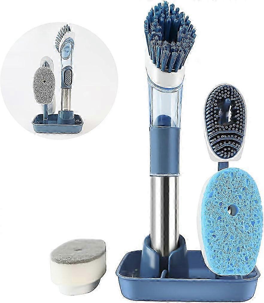 Soap Dispensing Dish Brush Set with Holder & Replaceable Heads - Blue