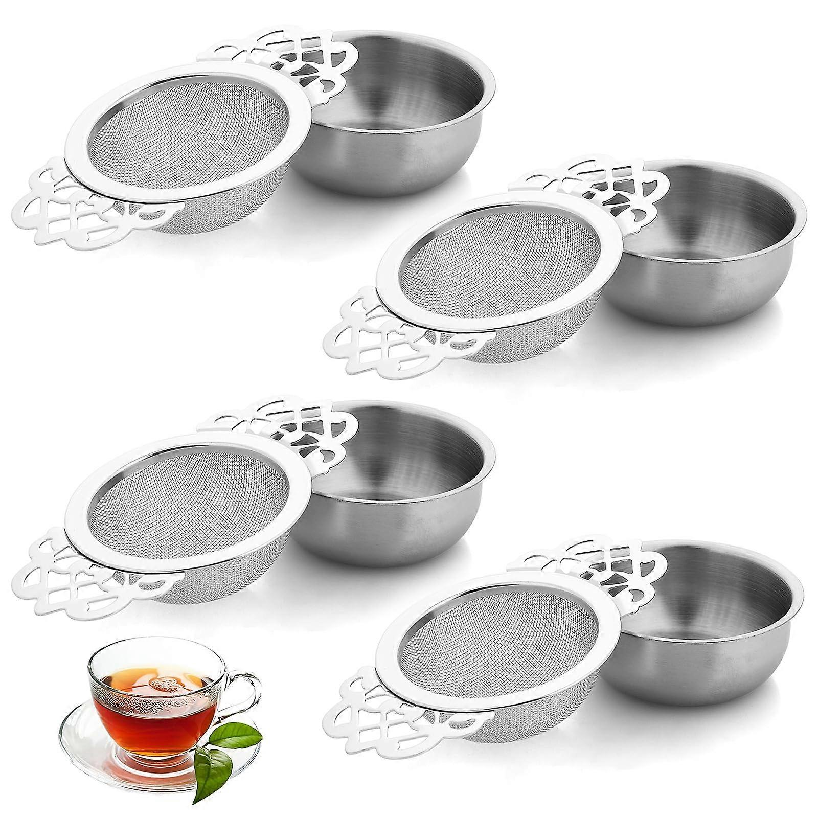 Pack of 4 Tea Strainer, Stainless Steel Mesh Filter with Lid and Drip Tray