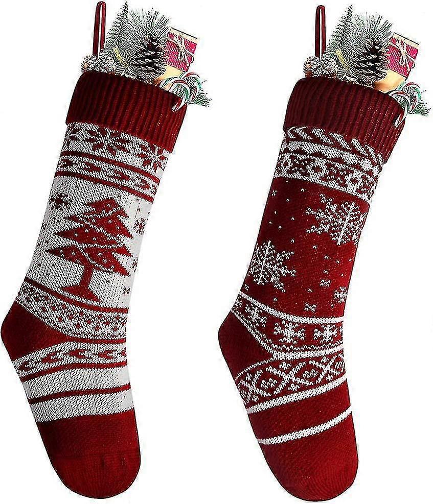 2025 18" Unique Burgundy Knit Snowflake And Christmas Tree Stockings