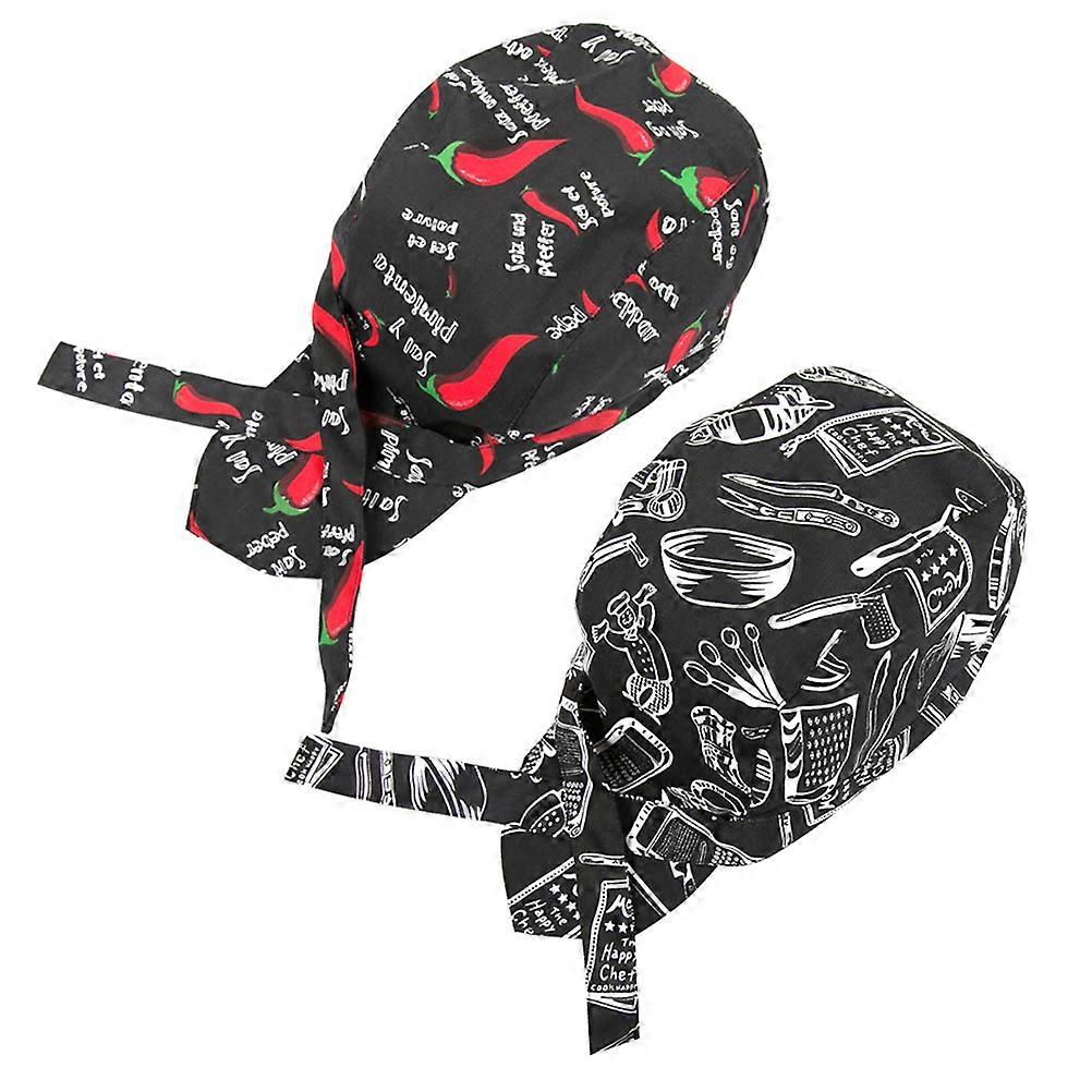 Chef Hats Caps Adjustable Ribbon Comfortable to Wear Kitchen Catering Skull Turban Working Hats Assorted Color 2Pcs