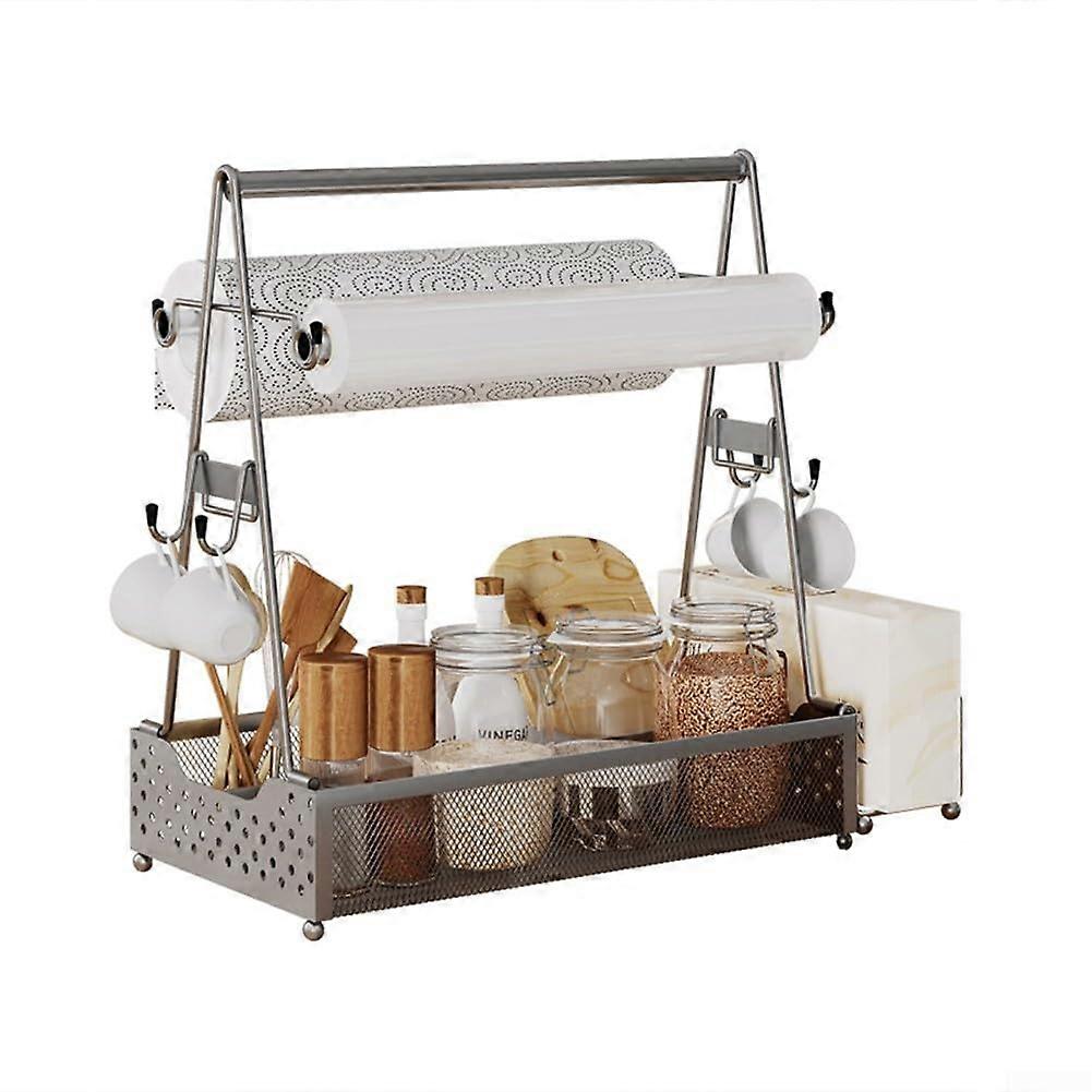 Metal Rack With Paper Towel Holder For Grill Spices, Silver, Stainless Steel, Kitchen Organizer