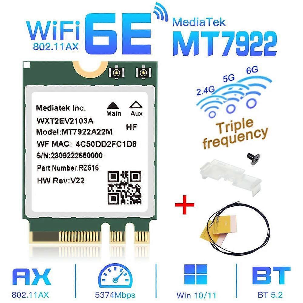 WiFi 6E MT7922 M.2 Wireless Card 5374Mbps Bluetooth 5.2 Network Adapter 802.11ax 2.4G/5G/6GHz MediaTek