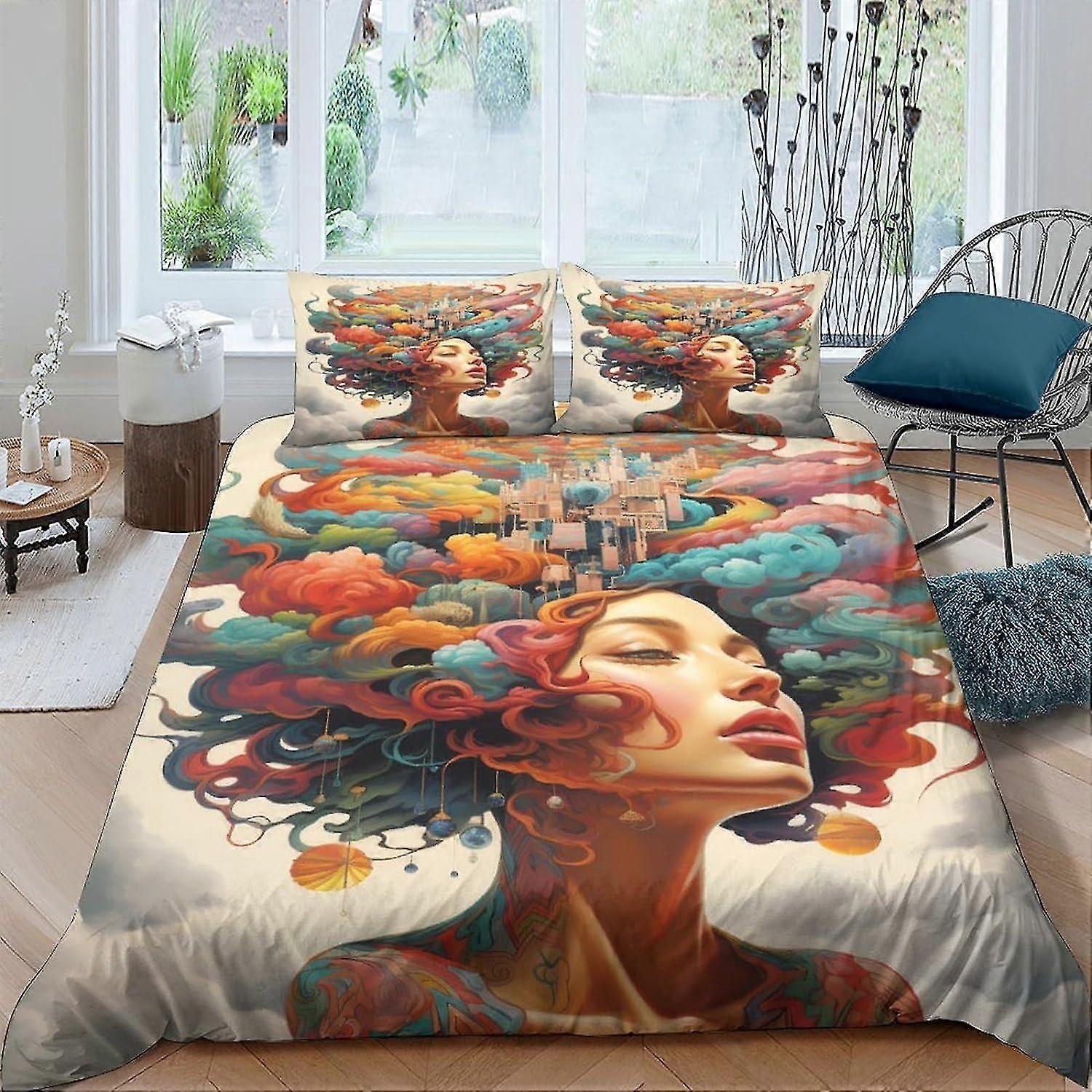 Ensemble de housse de couette créatif Ensemble de literie 3D Art Girl Ensemble de housse de couette en microfibre Ensemble de 3 pièces avec fermeture à glissière Doux