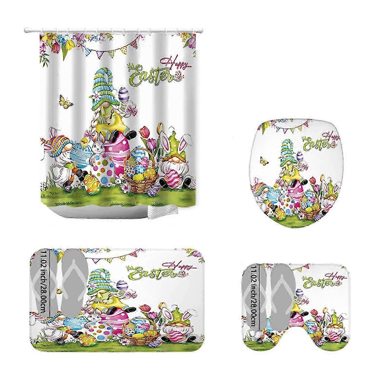 Easter Bunny & Eggs 4-Piece Shower Curtain & Floor Mat Set - Waterproof Bathroom Decor with Dry Wet Separation Partition