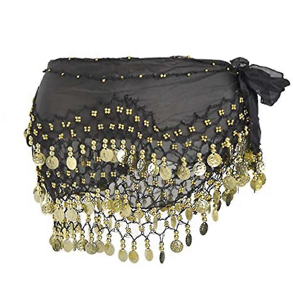 Women's Belly Dance Hip Scarf With Coins - Velvet Dance Skirt With Rhinestones & Golden Beads
