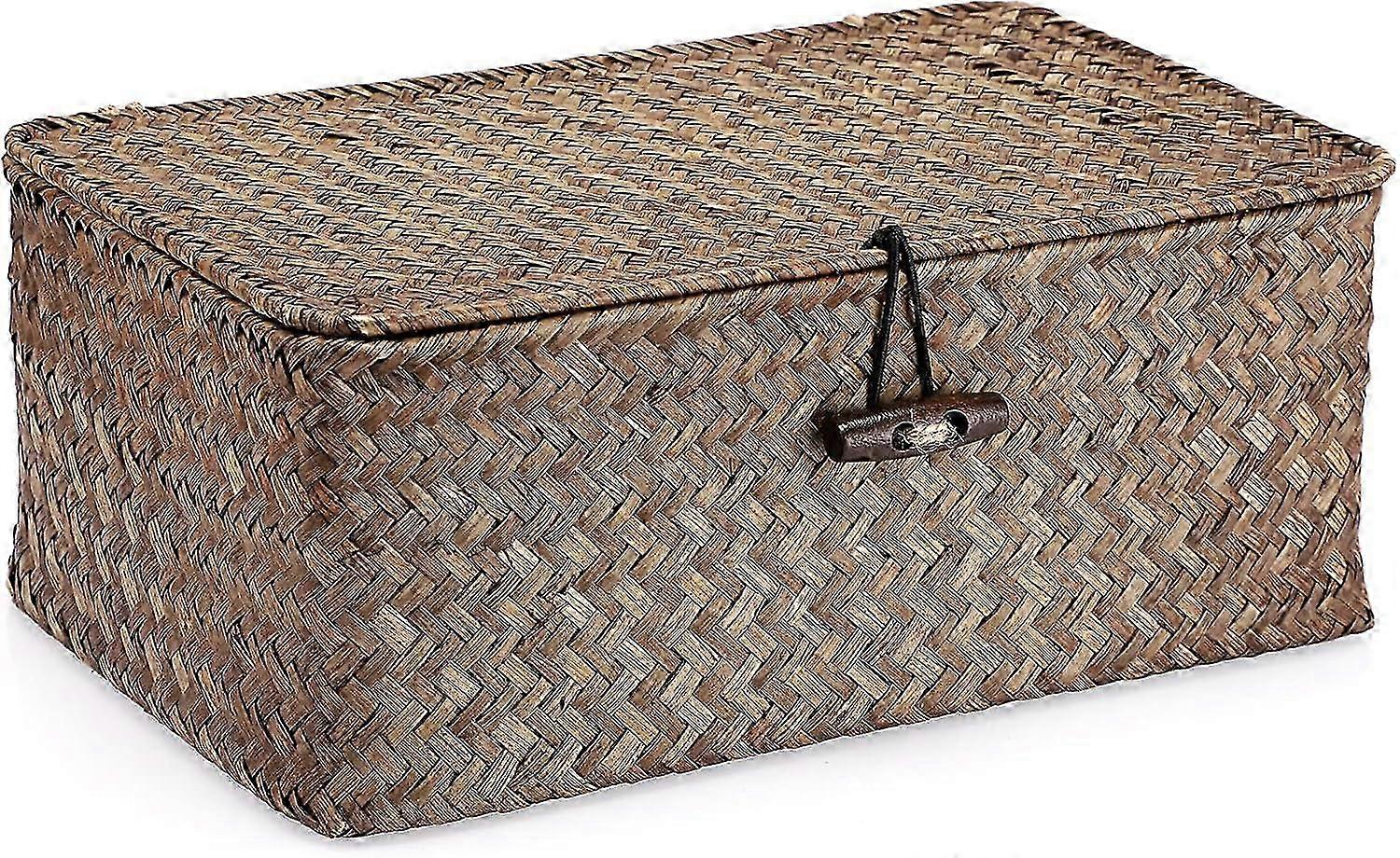 Rektangulär förvaringskorg med lock Handvävd organisatör för hyllor och skrivbord