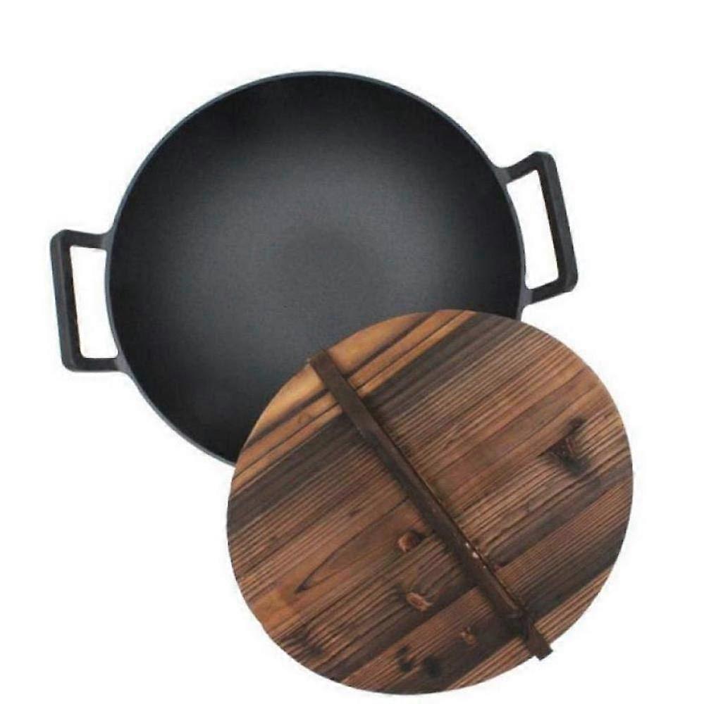 Wok, Uncoated Frying Pan Saute Pan,uncoated Double Ear Thickening OldFashioned, Non Stick Iron Healthy Woks with Two Wide Ear Handles