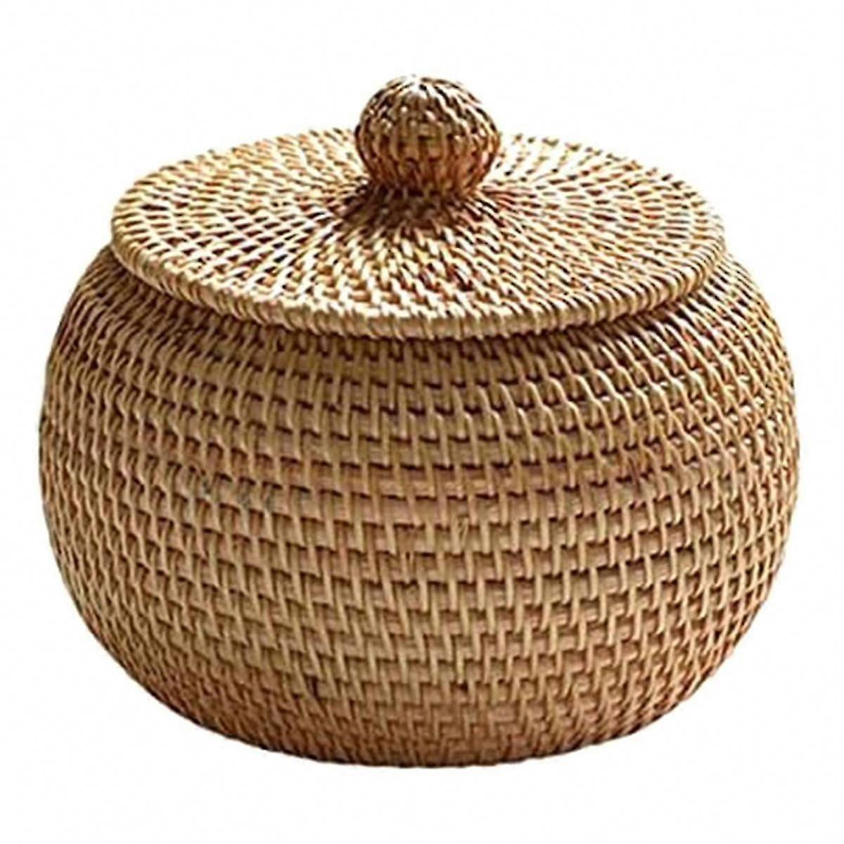 Round Rattan Storage Box with Lid, Handwoven Desktop Organizer, Decorative Basket for Home Decor
