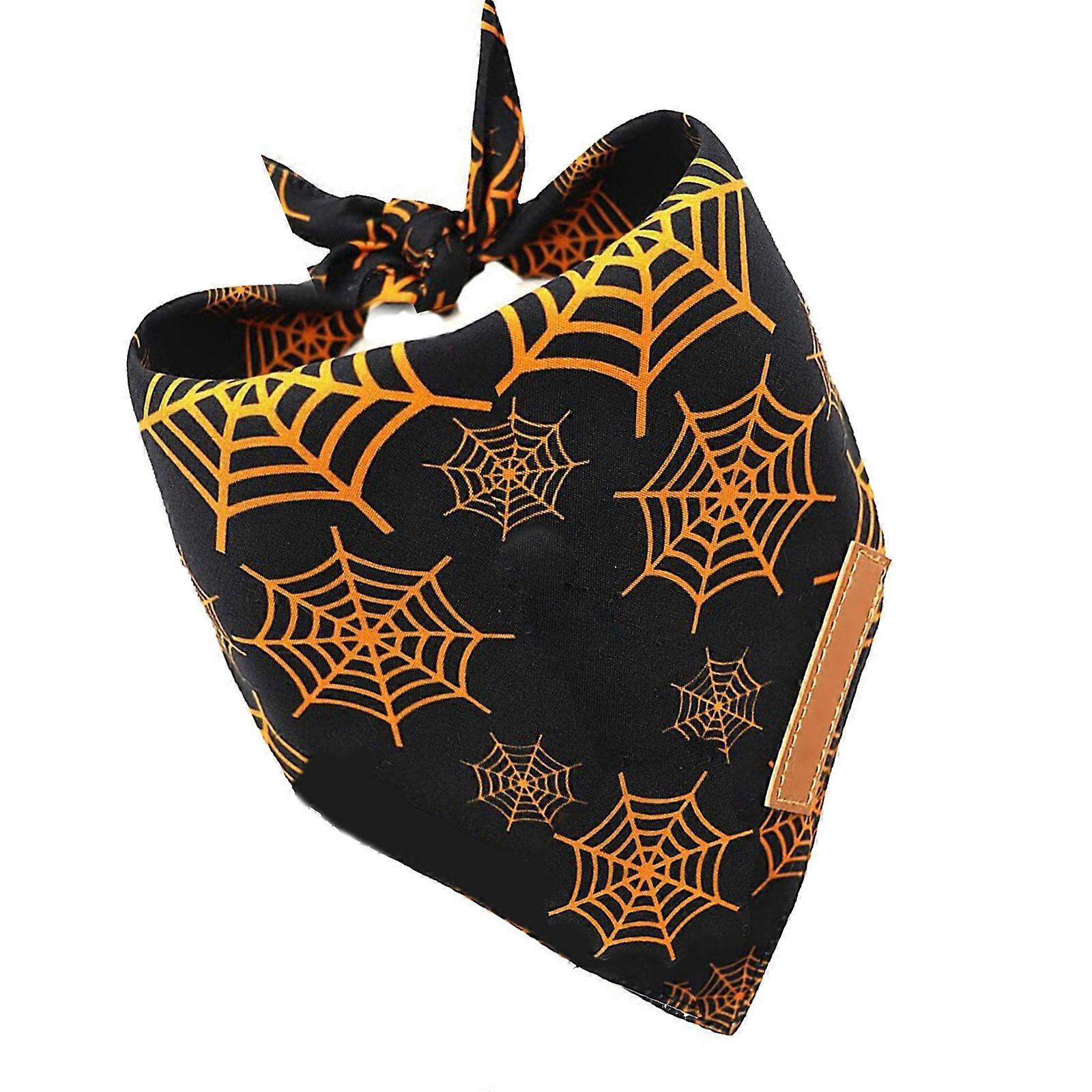 Dog Bib Halloween Celebration Essential Pumpkins Spiders Web Pattern Soft Fabric Collar Triangle Scarf Accessory Multicolor