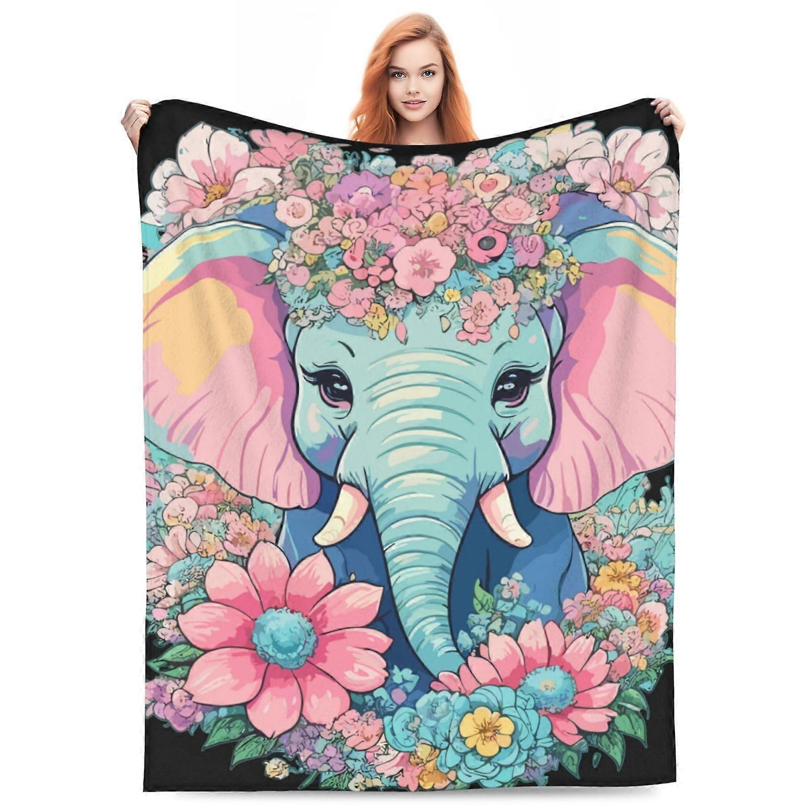 Elephant Blanket For Kids And Adults 60x80 Soft Lightweight Plush Throw Quilt White Floral Elephants Elephant04